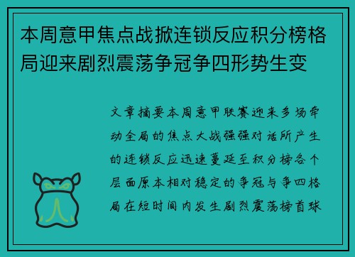 本周意甲焦点战掀连锁反应积分榜格局迎来剧烈震荡争冠争四形势生变 本周意甲焦点战掀连锁反应积分榜格局迎来剧烈震荡争冠争四形势生变